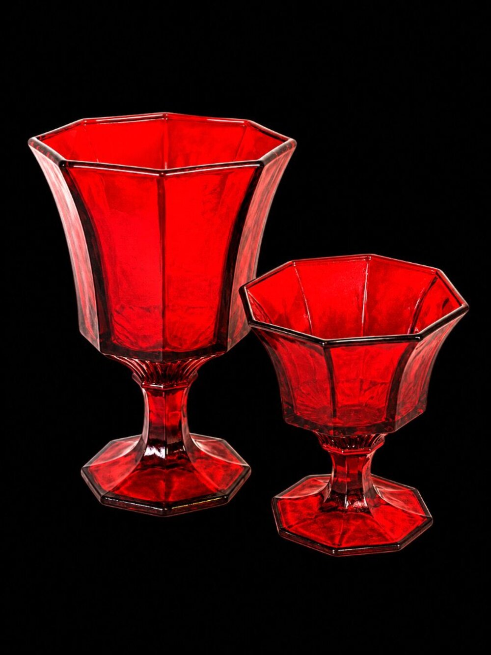 Pair Of Ruby Red Octagon Shape Glass Decor Accent